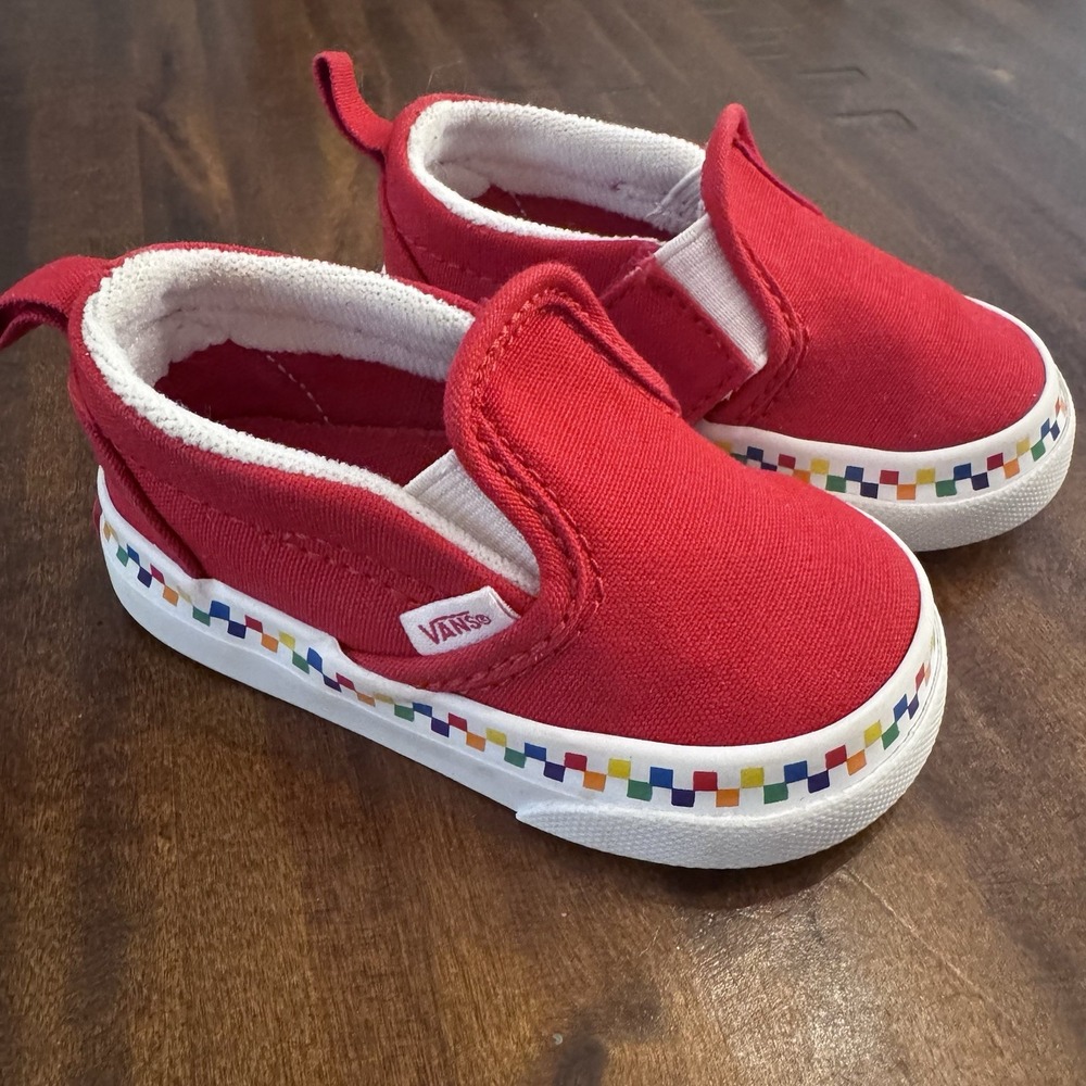 Vans Toddler Size 3.5 Classic Slip-On Rainbow Checkerboard Red Canvas Shoes